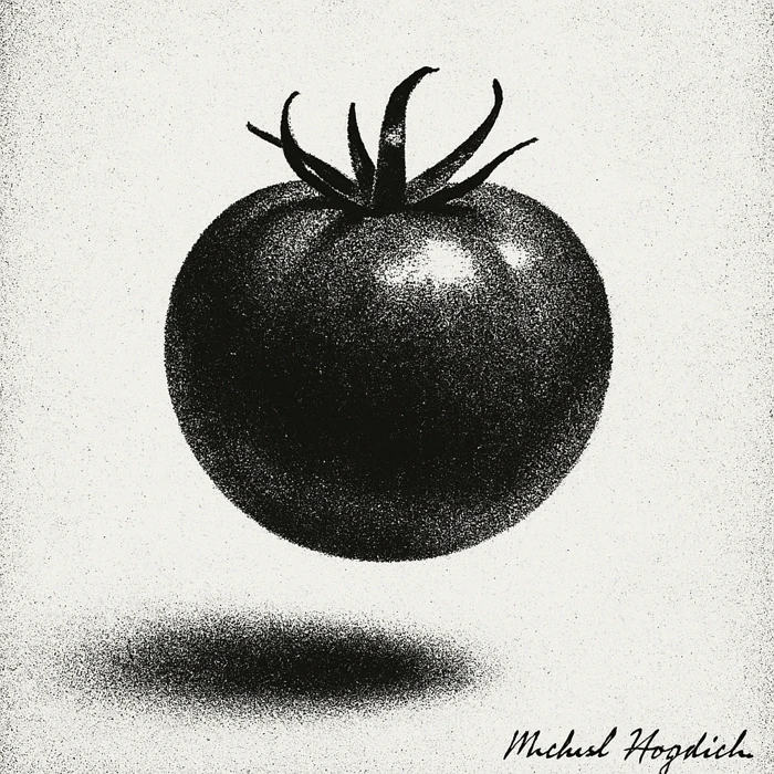 Monochrome image of a tomato floating in air, signed by Michael Hoydich