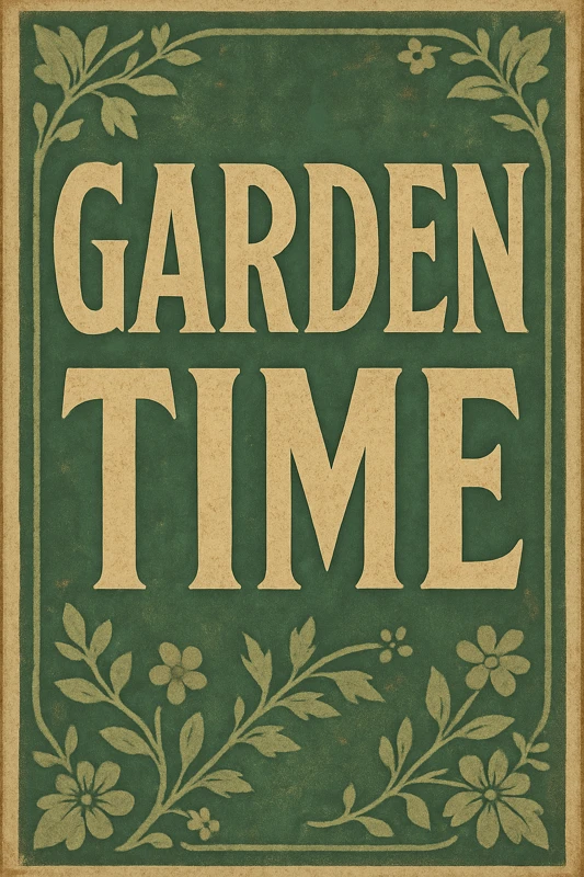 GARDEN TIME vintage-style sign with decorative plant motifs on green background