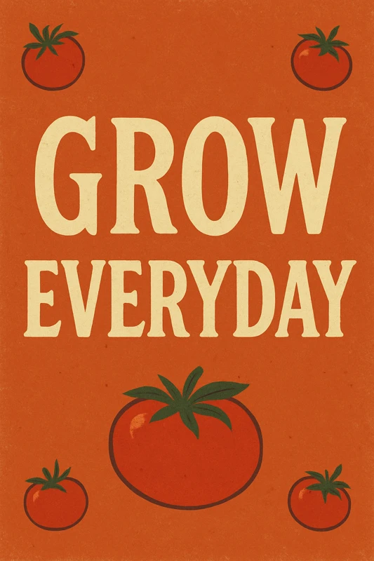 GROW EVERYDAY vintage-style sign with tomato illustrations on terracotta background